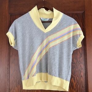 Retro 80s V-Neck Striped Colorblock Sweater Top Women's Gray‎ Yellow